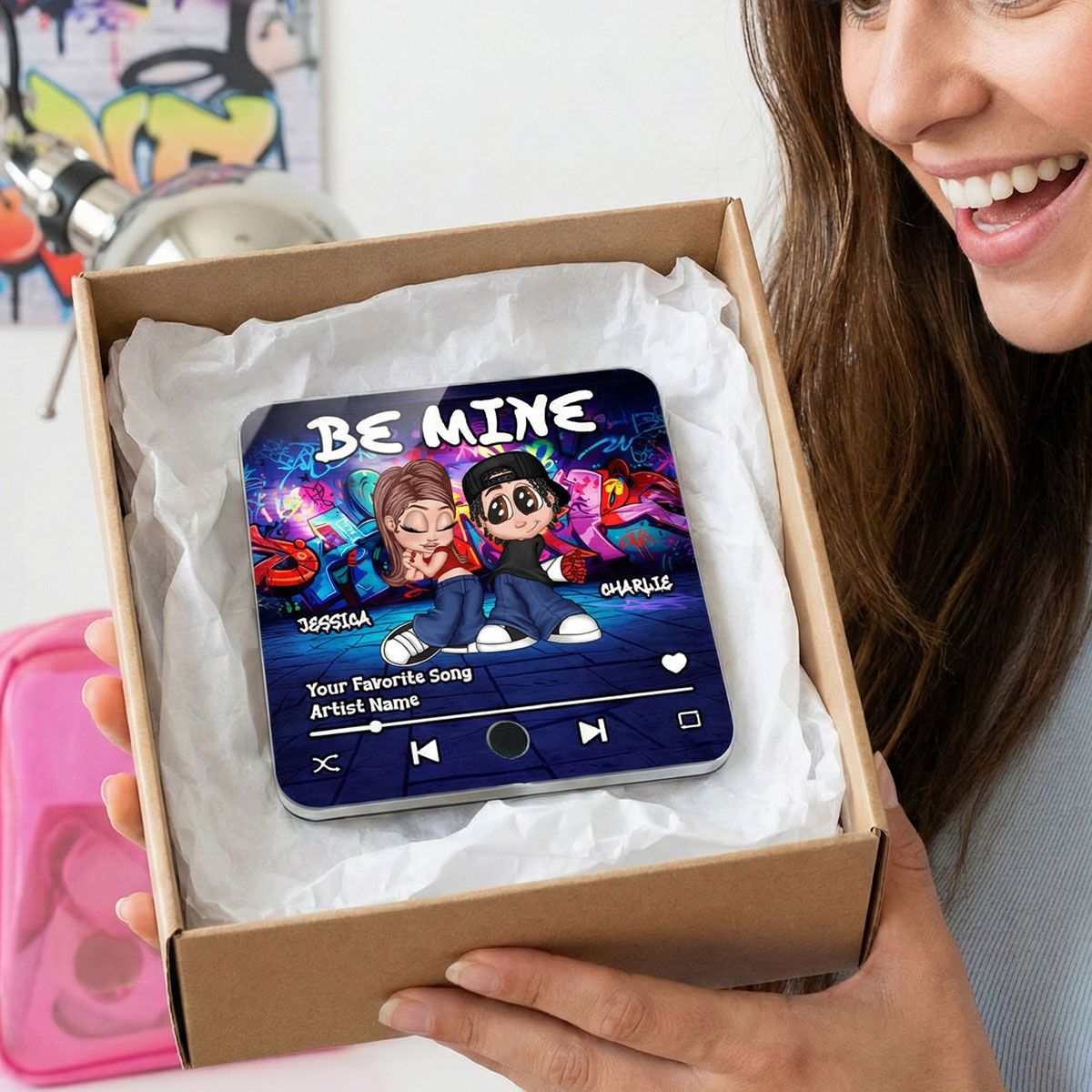 Y2K Couple Graffiti Background - Personalized Music Fridge Magnet - Valentine's Day Gift For Him, Gift For Her