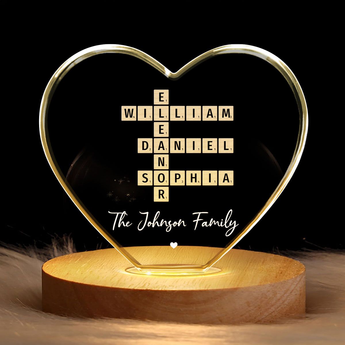 Family Names Crossword Art - Created In A Moment, Treasured Forever Personalized Heart Crystal LED