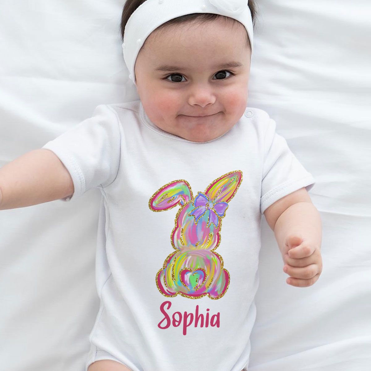 Brushstroke Bunny Easter Personalized Baby Onesie Baby Shirt - Custom Baby Name