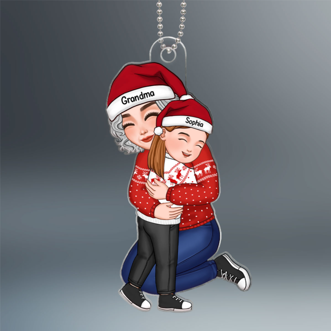 Cute Grandma Grandpa Hugging GrandKid Personalized Acrylic Ornament, Christmas Gift For Granddaughter Grandson