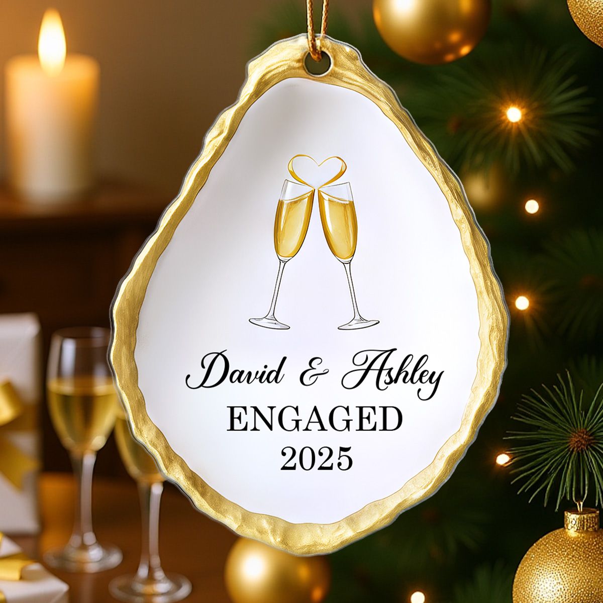 Oyster Shell Shaped Couple Engaged Personalized Flat Acrylic Ornament, Gift For Newly Engaged Couple