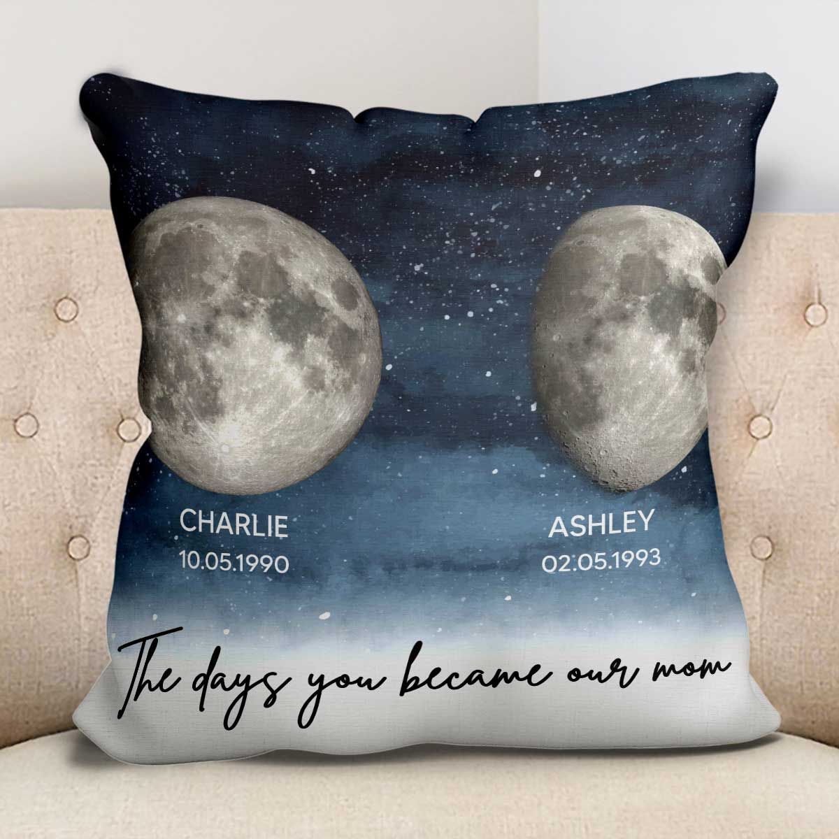 Starry Night Custom Birthday Moon Phase The Day You Became Mom Personalized Pillow, Mother's Day Gift