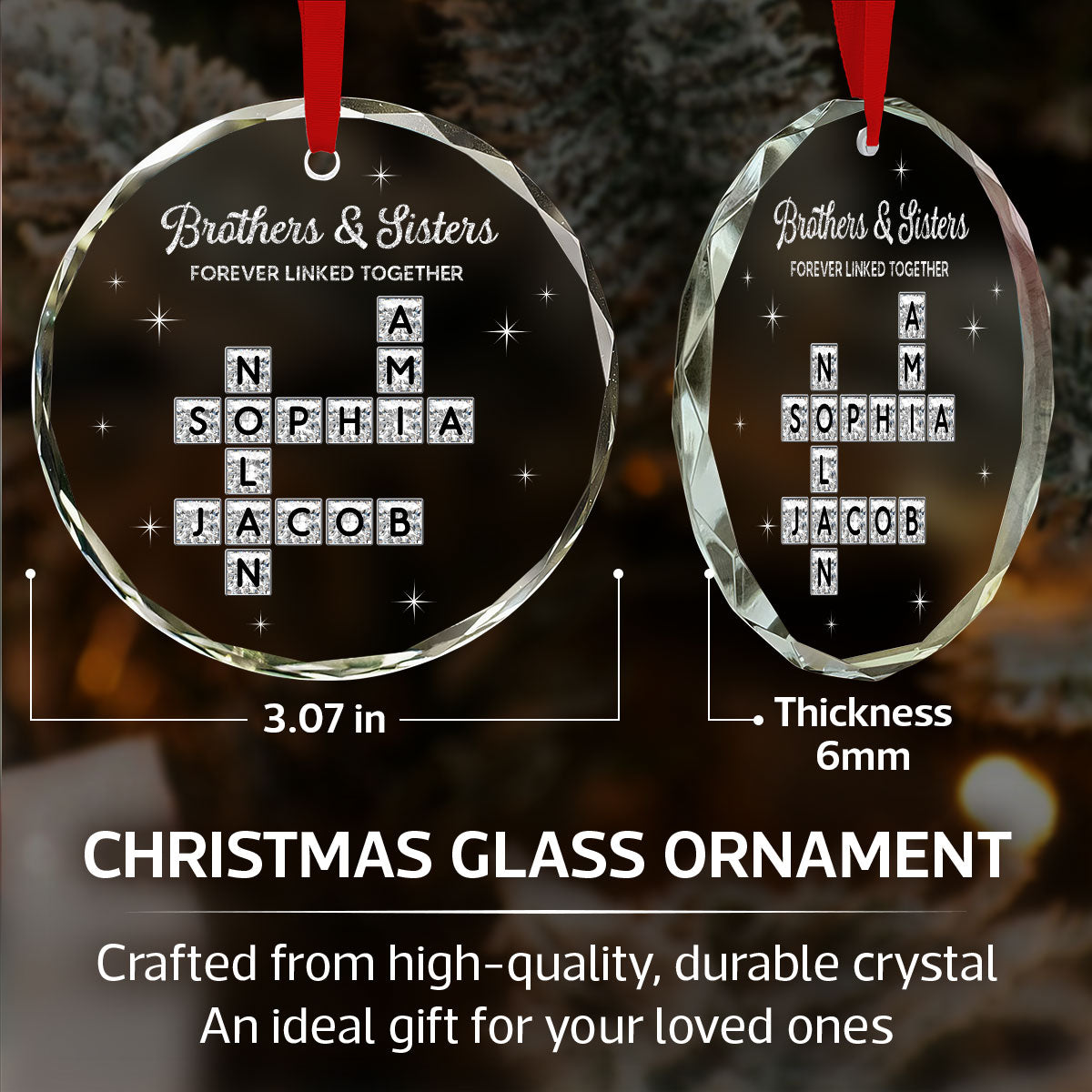 3D Shining Effect Brothers Sisters Crossword Puzzle Art - Personalized Glass Ornament - Christmas Gift For Siblings, Brothers, Sisters