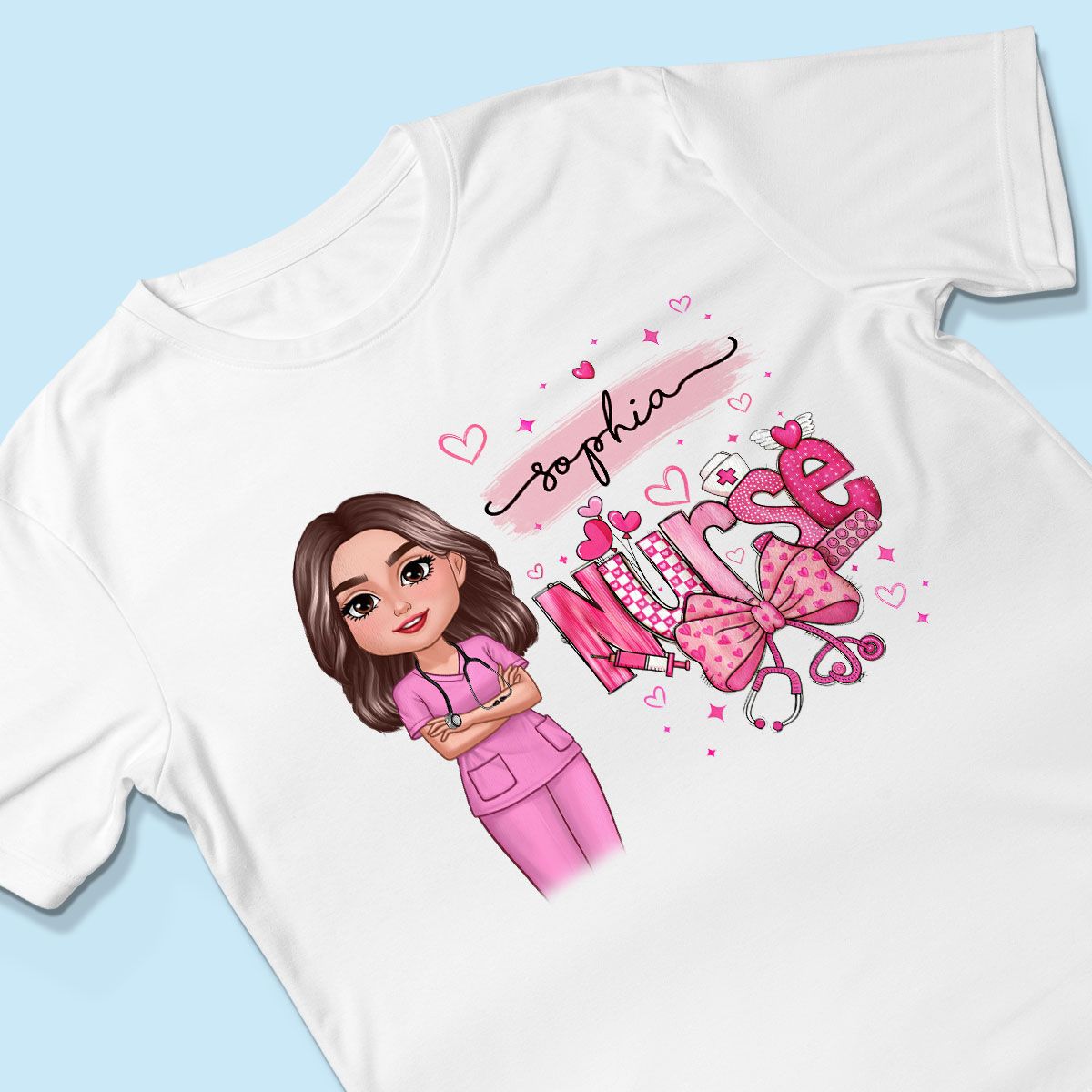 Nurse Pink Coquette Bow Personalized Shirt, Birthday Valentine's Day Gift For Nurse Wife Girlfriend Bestie