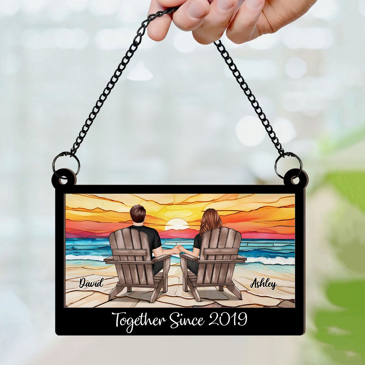 Couple Sitting Back View At Beach Landscape Stained Glass Personalized Suncatcher