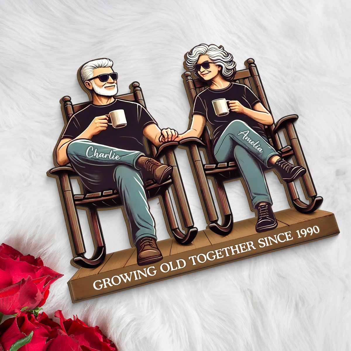 Old Couple Sitting On Front Porch Personalized Standing Wooden Plaque