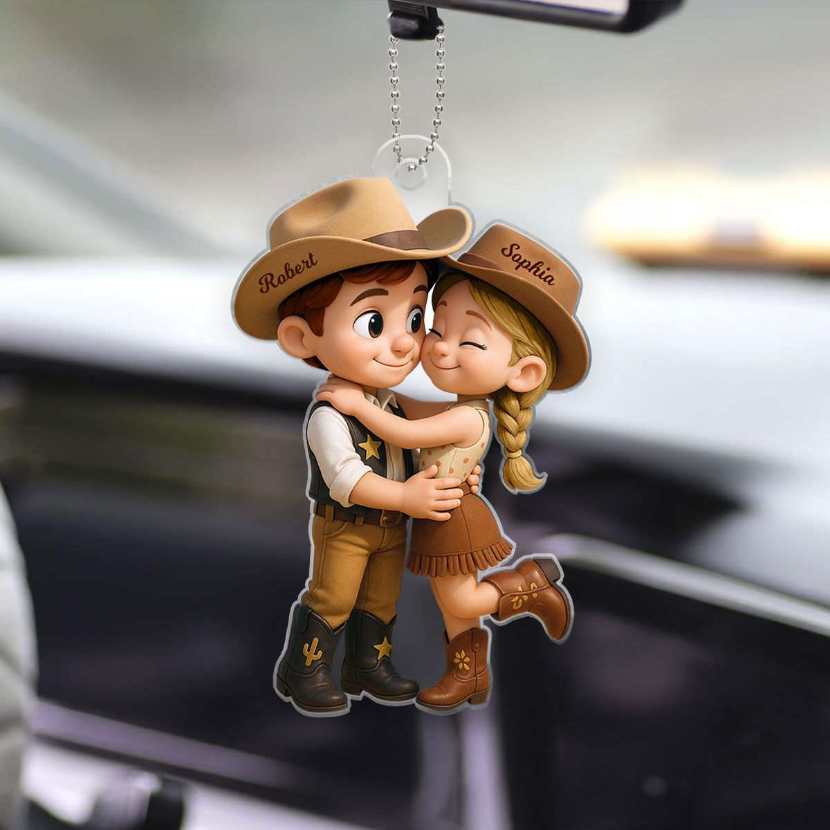 Cartoon Style Countryside Couple Cowboy Cowgirl Car Accessories Personalized Car Hanger Ornament