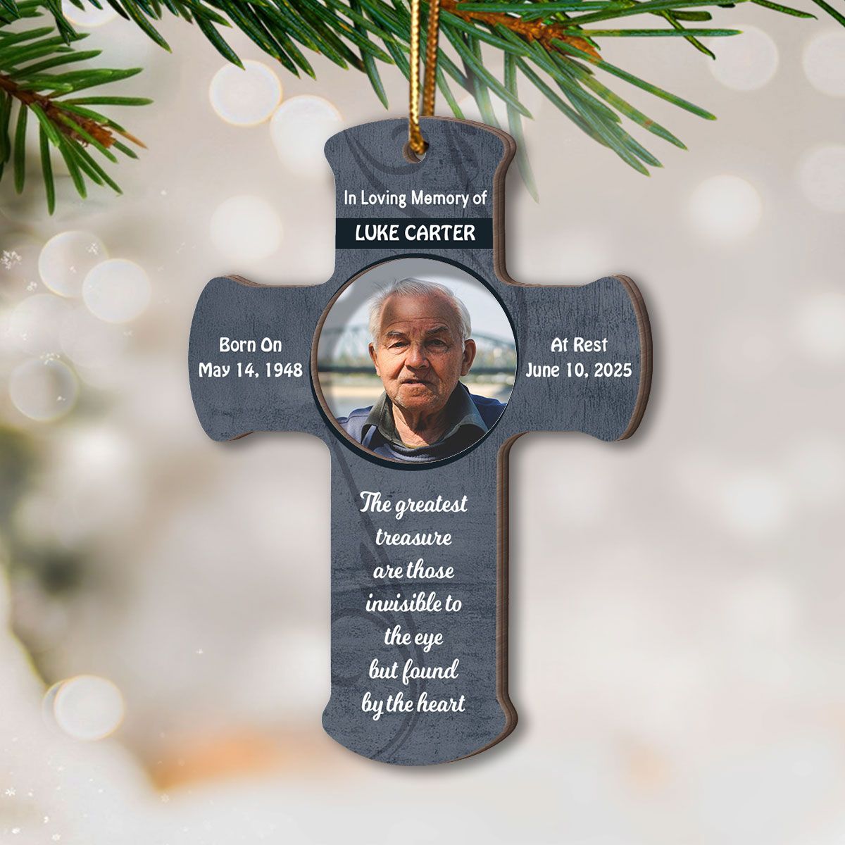 Forever in Our Hearts Memorial Keepsake, Sympathy Gift Photo Cross Christmas Personalized 2-Layer Wooden Ornament