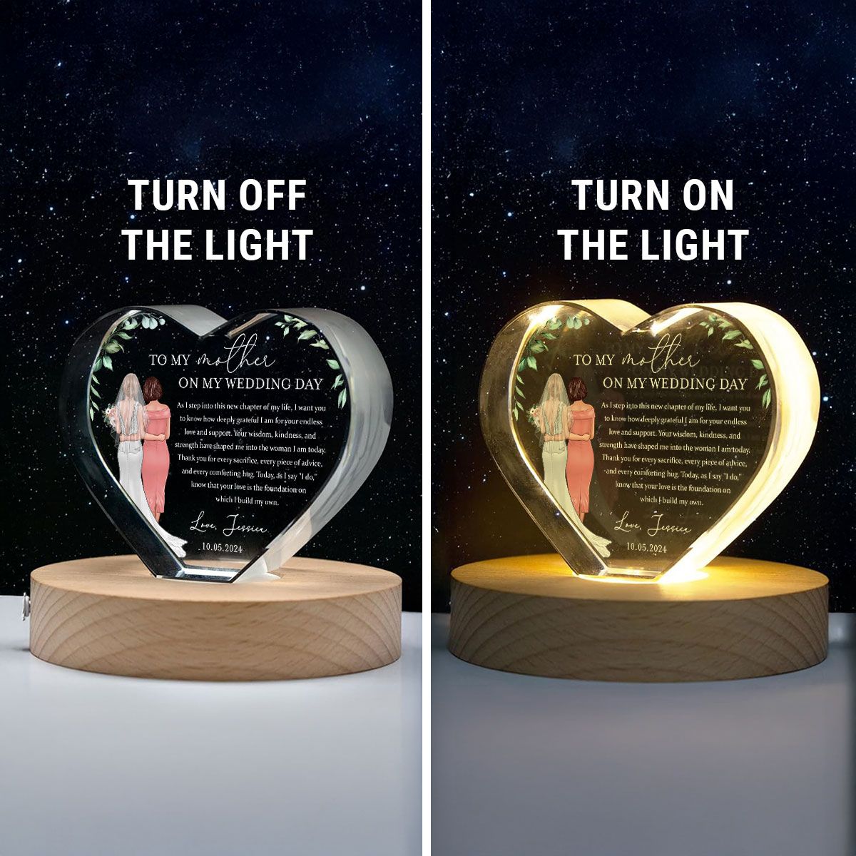 Personalized Wedding Mother of the Bride Gift from Daughter, a Treasure Forever Custom Premium Crystal Heart LED