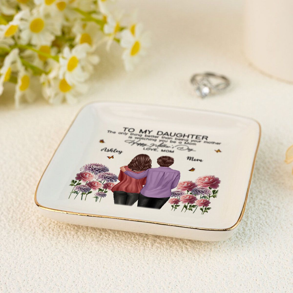 To My Daughter From Mom Happy Mother's Day Birth Flower Personalized Jewelry Dish, Mother's Day Gift For Daughter