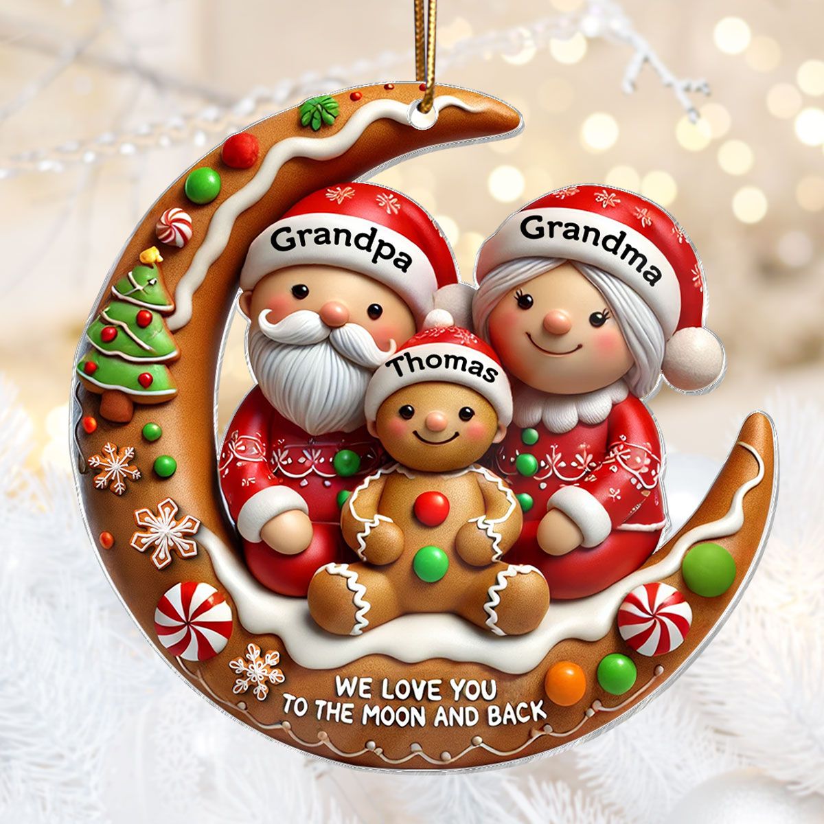 Gingerbread Grandma Grandpa Hugging Grandkid On Moon Christmas Personalized Acrylic Ornament, Gift For Granddaughter, Grandson