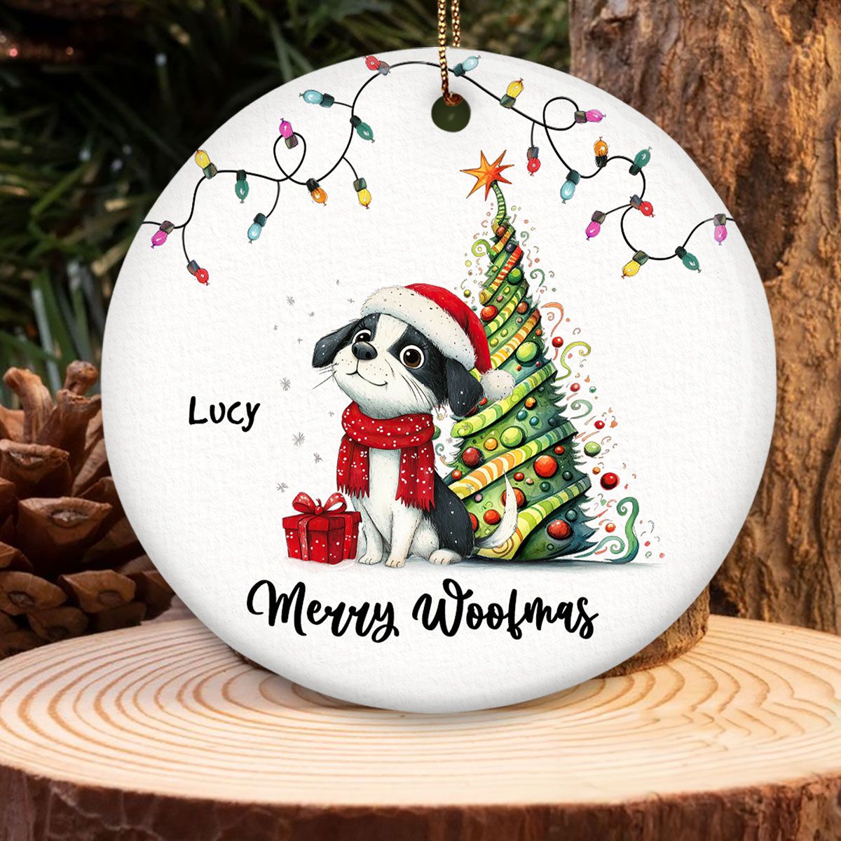 Quirky Christmas Dog Whimsical Funny Silly Pups Puppy Personalized Circle Ceramic Ornament