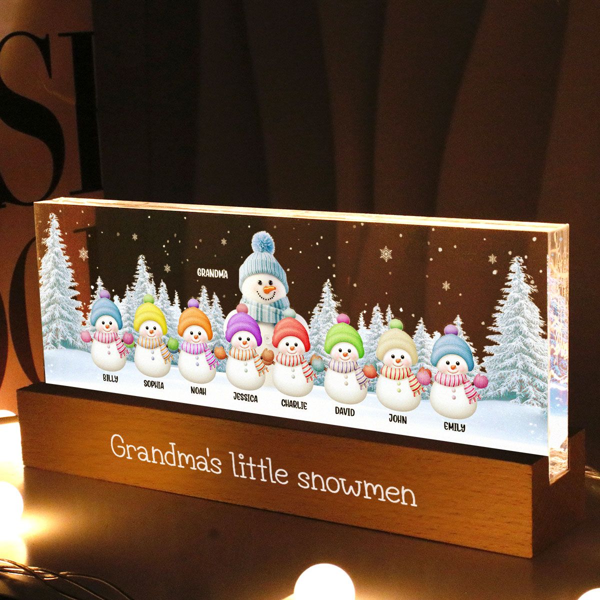 Grandma Grandkids Snowman Personalized Acrylic Block LED Night Light, Christmas Gift for Grandma