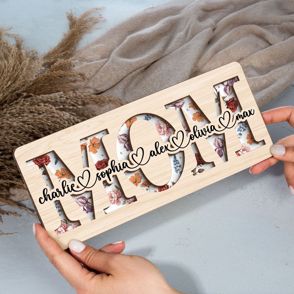 Custom Flower Printed Personalized 2-Layered Wooden Plaque, Mother's Day, Birthday, Just Because Gift for Mom, Grandma