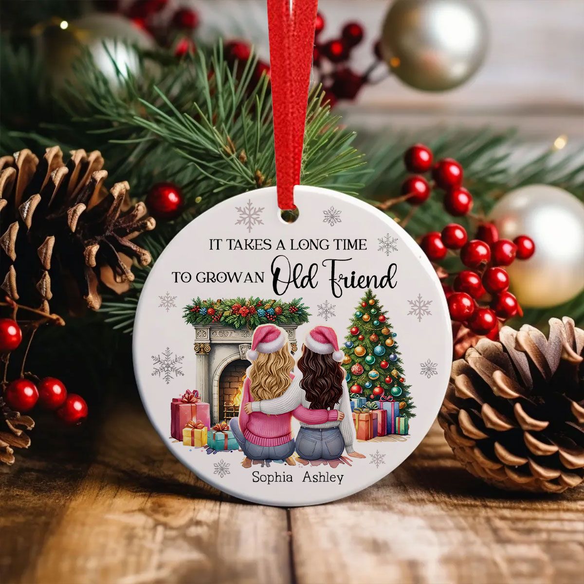 Personalized Best Friends Christmas Ornament – Cozy Holiday Scene by the Fireplace