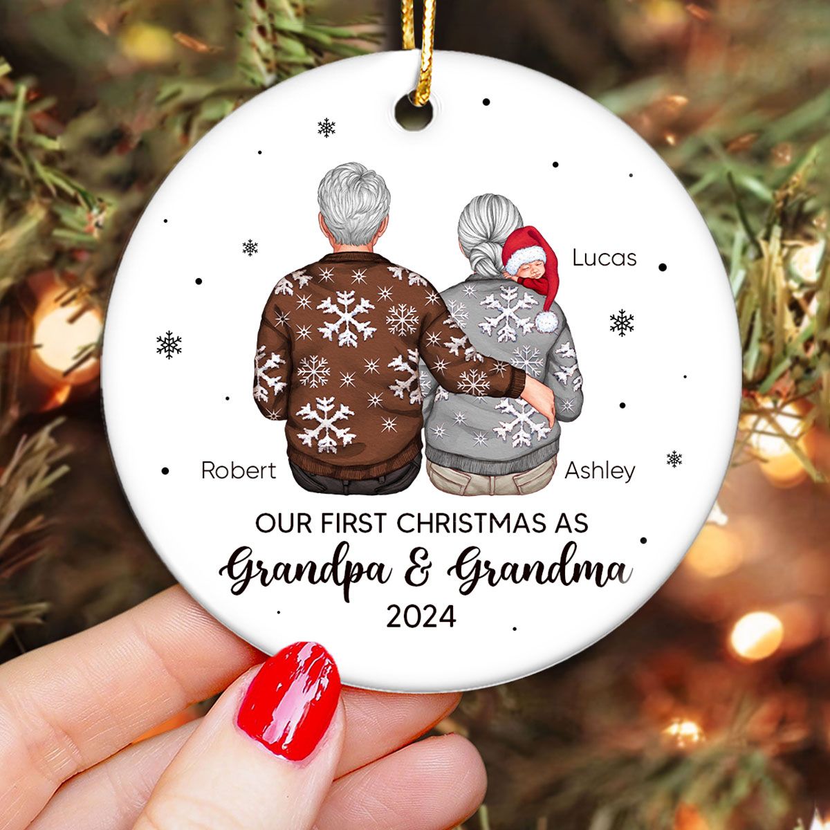 Our First Christmas As Grandma & Grandpa Personalized Circle Ceramic Ornament