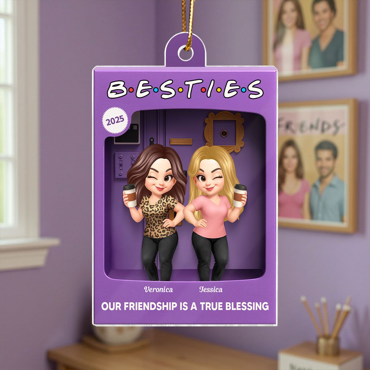 Besties Forever Best Friends Purple Toy Box Style Personalized Acrylic Ornament, Christmas Gift For Besties