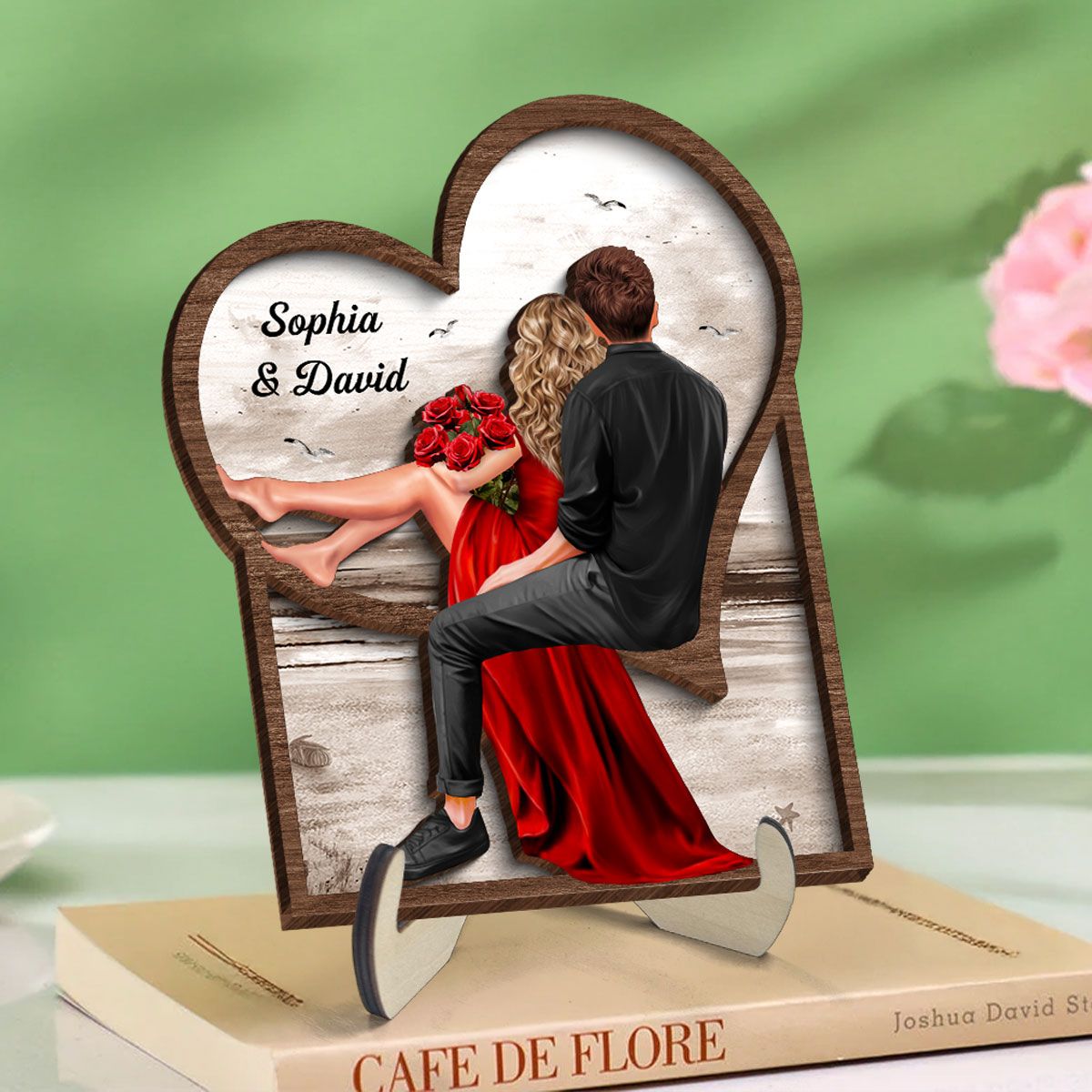 Landscape Heart Couple Sitting Back View 2-Layer Wooden Plaque, Heartfelt 2025 Personalized Couple Gift For Valentine's Day, For Her, For Him