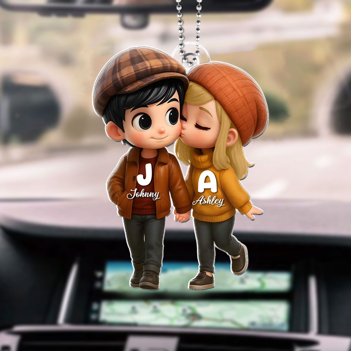 Fall Season 3D Effect Cute Cartoon Couple Walking Personalized Car Ornament, Perfect Gift for him, Gift for her