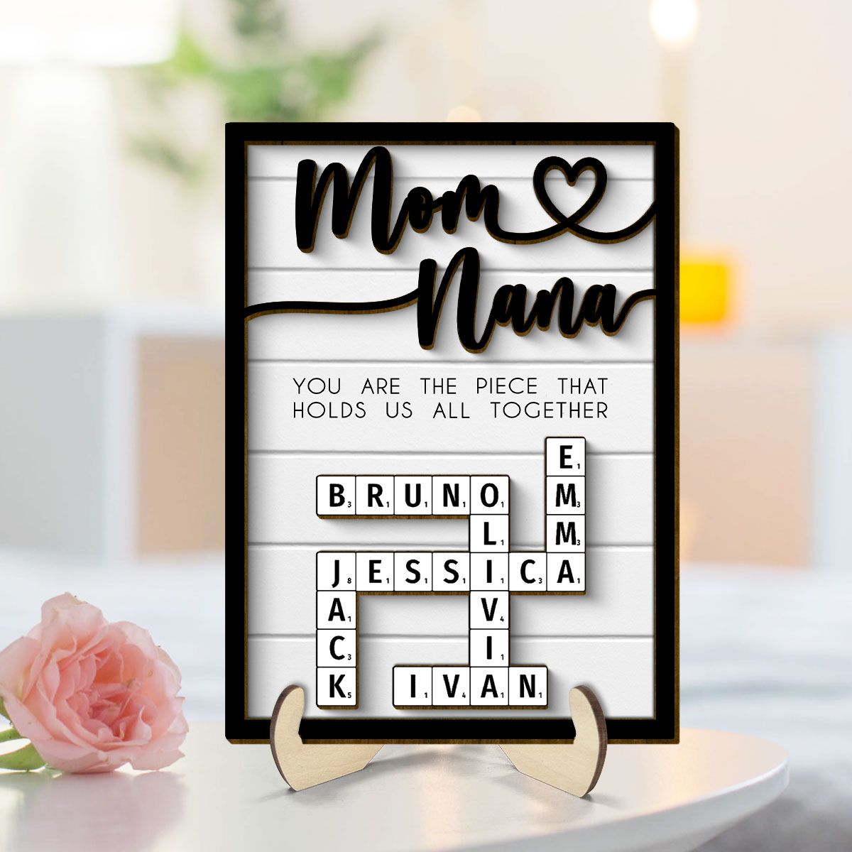 Mothers Day Crossword Puzzle Art for Mom & Grandma, You are the Piece That Holds us Together Personalized 2-Layered Wooden Plaque