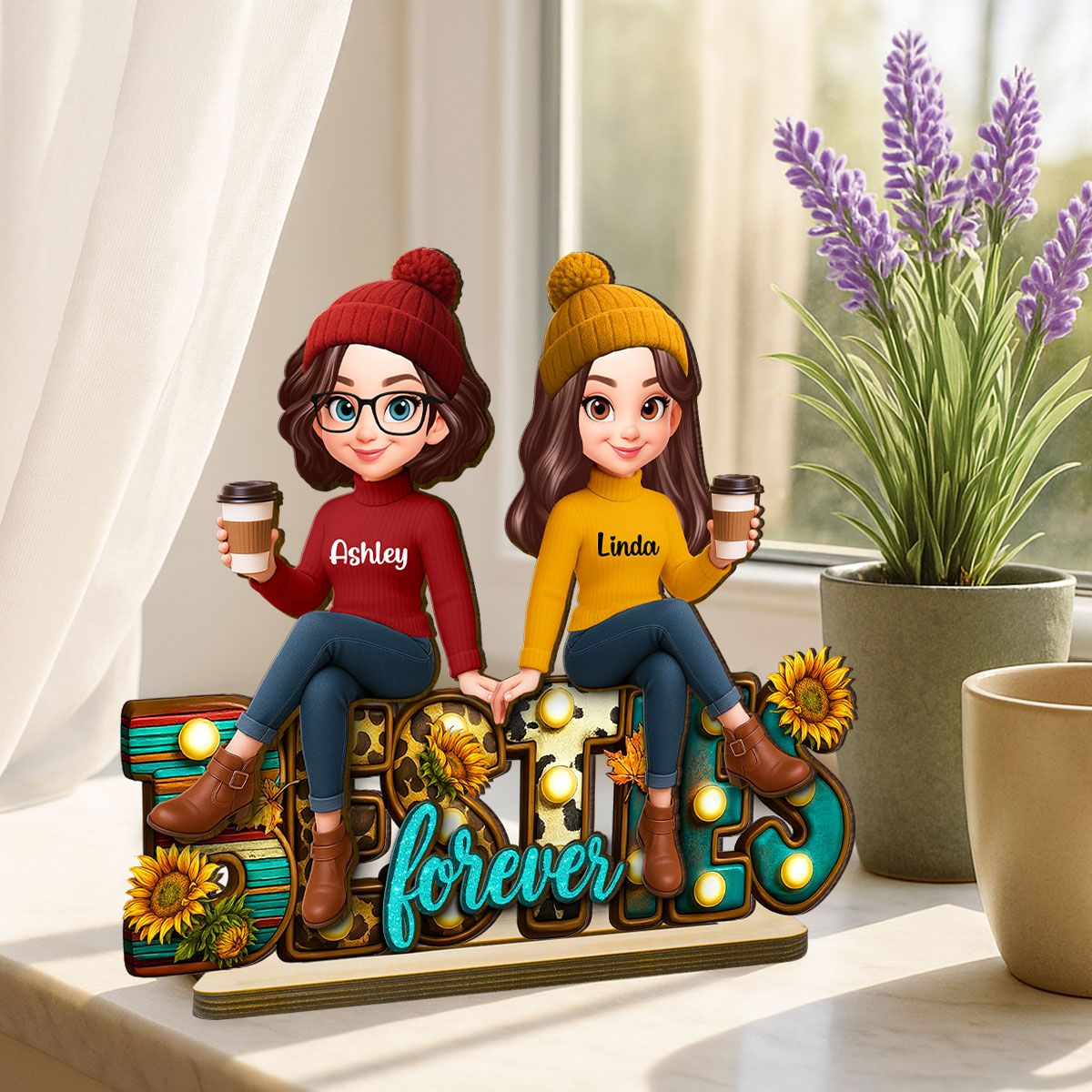 Western Fall Vibe Besties Sitting Personalized Standing Wooden Plaque, Fall Gift for Best Friends