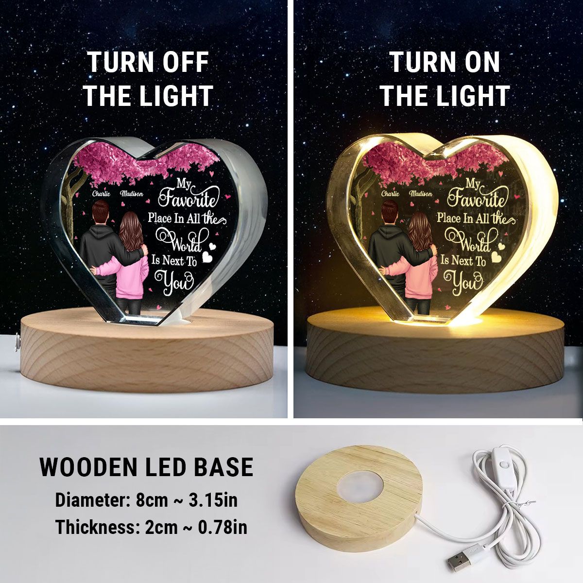 Couple Favorite Place in All the World Premium Crystal Heart LED, Treasured Forever Keepsake, Valentine's Day Gift For Him, Gift For Her