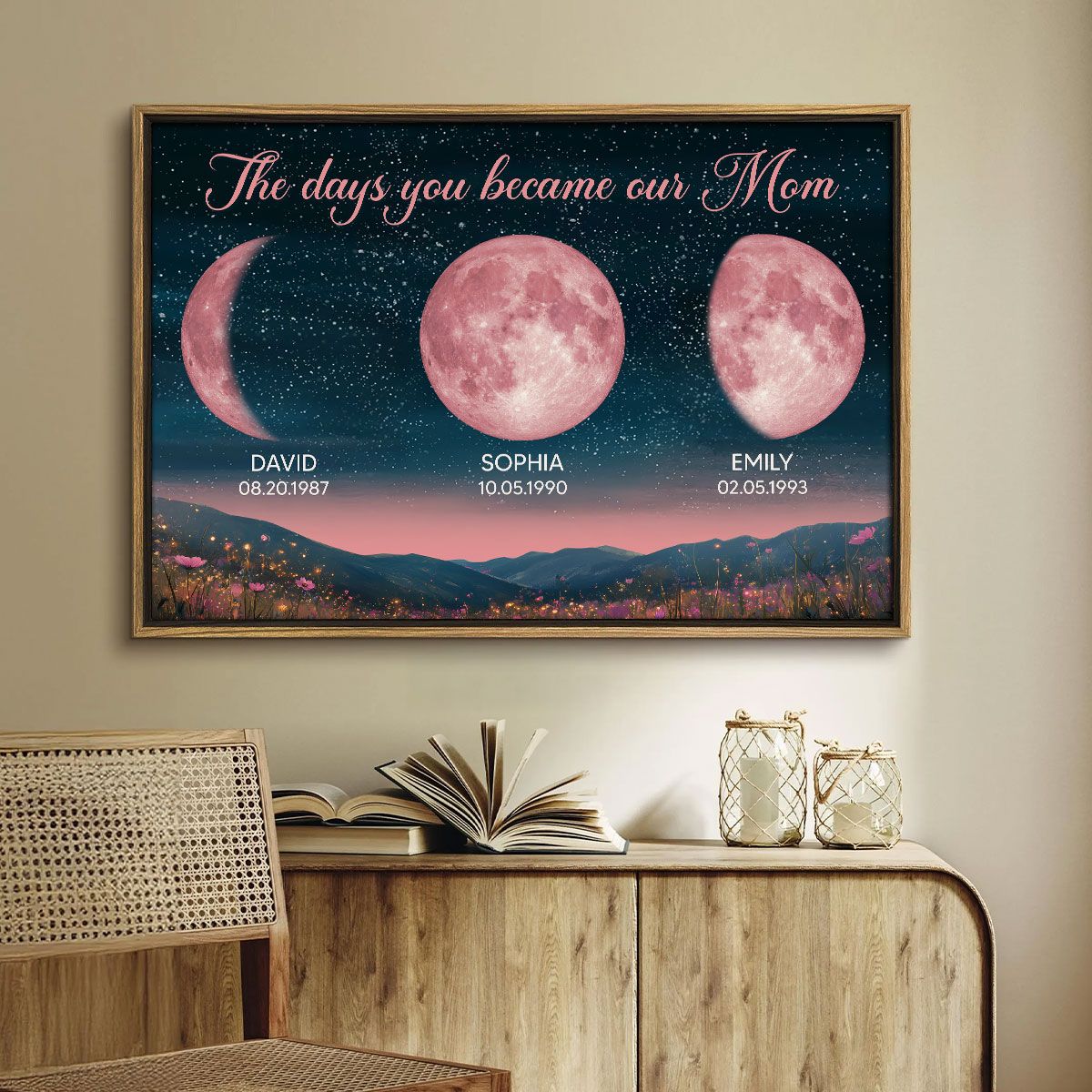 Personalized Birth Moon Canvas, Pink Moon Phase | A Heartfelt Gift for Mom’s Birthday, Mother’s Day, or Just Because