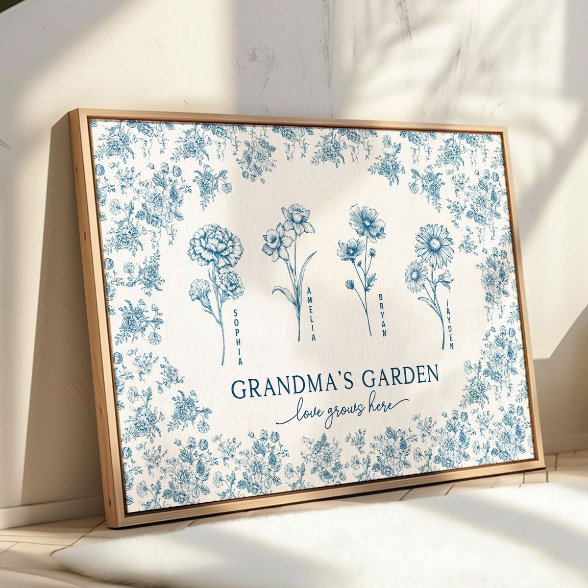 Vintage Blue Floral Pattern Grandma's Garden Personalized Canvas