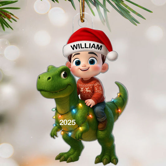 3D Effect Cute Cartoon Kid With Dinosaur Christmas Personalized Acrylic Ornament