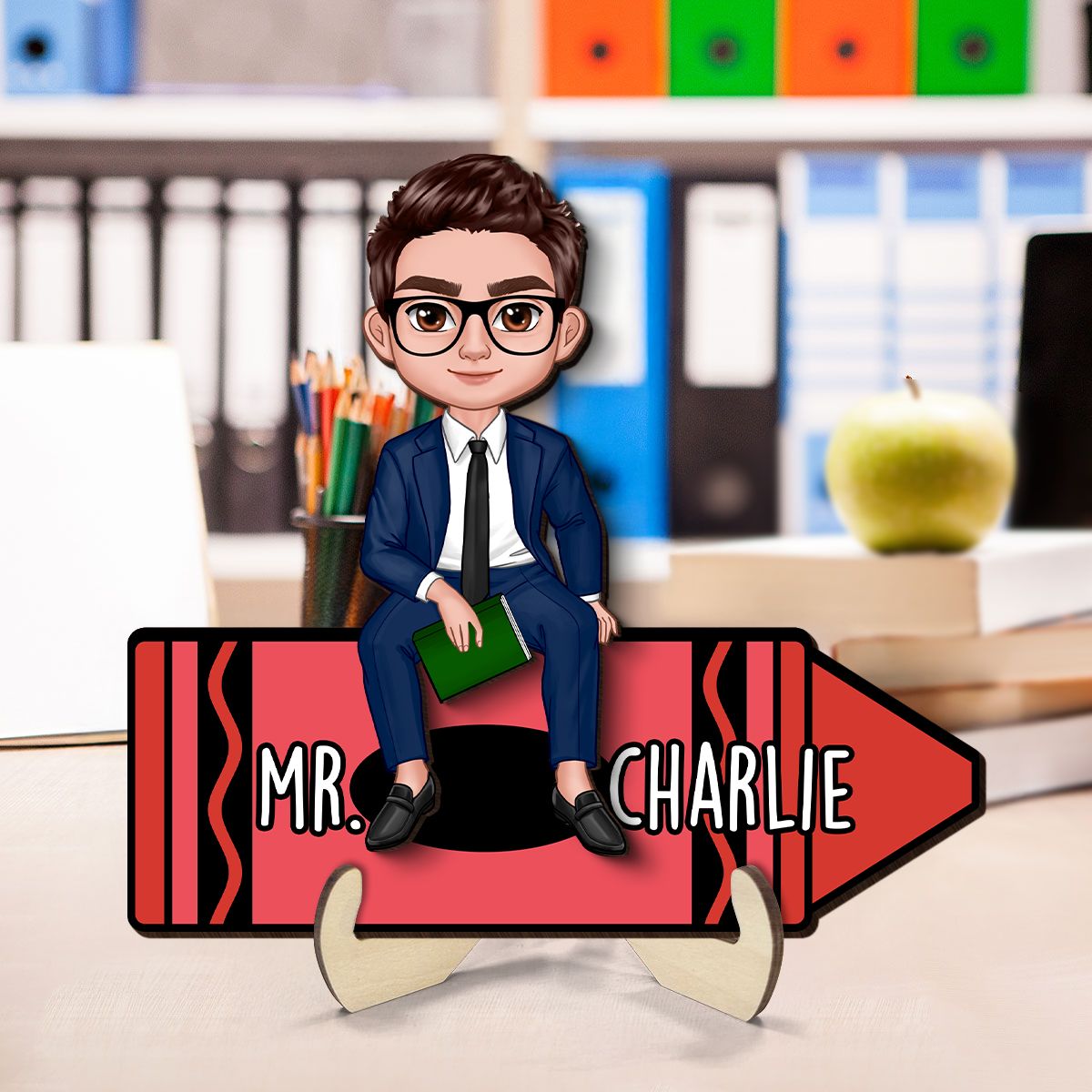 Doll Teacher Sitting On Crayon Personalized 2-Layer Wooden Plaque