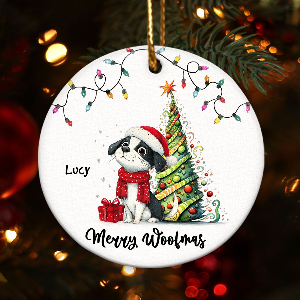 Quirky Christmas Dog Whimsical Funny Silly Pups Puppy Personalized Circle Ceramic Ornament