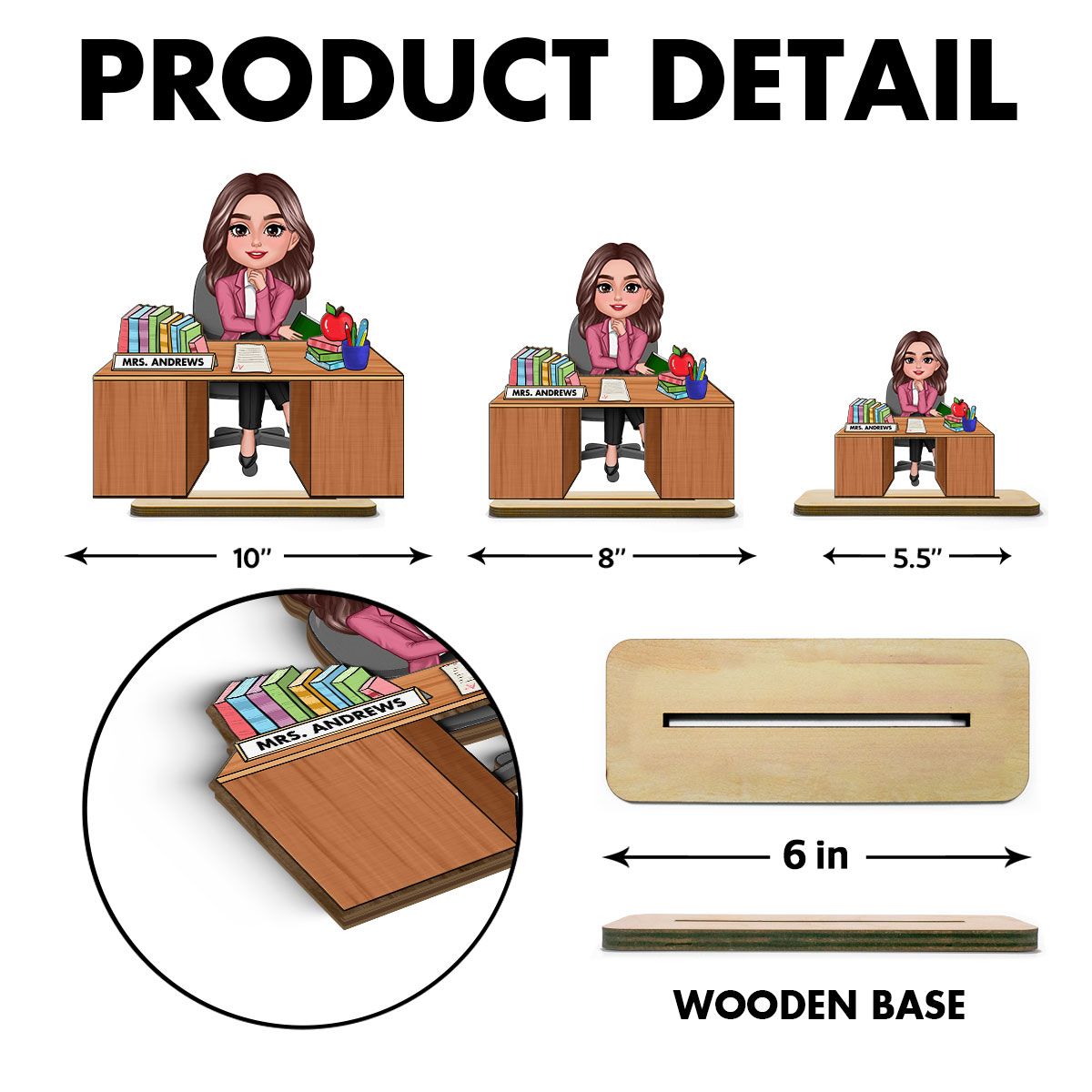 Teacher Sitting At Desk Personalized 2-Layer Standing Wooden Plaque, Back To School Gift