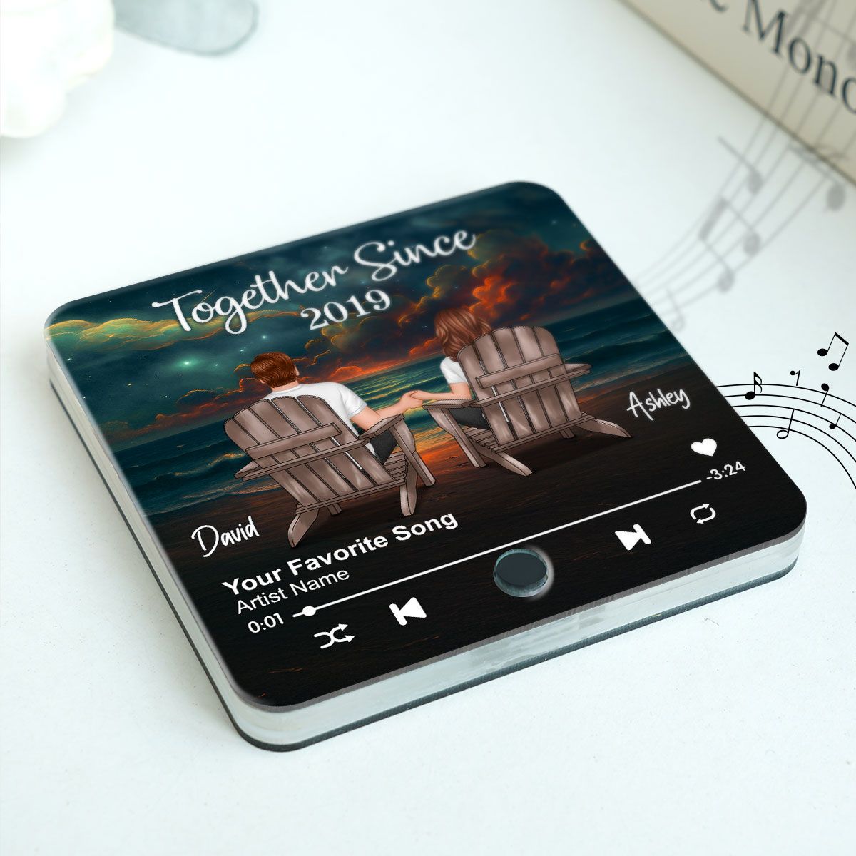Night Beach Landscape Couple Sitting Back View Personalized Music Magnet