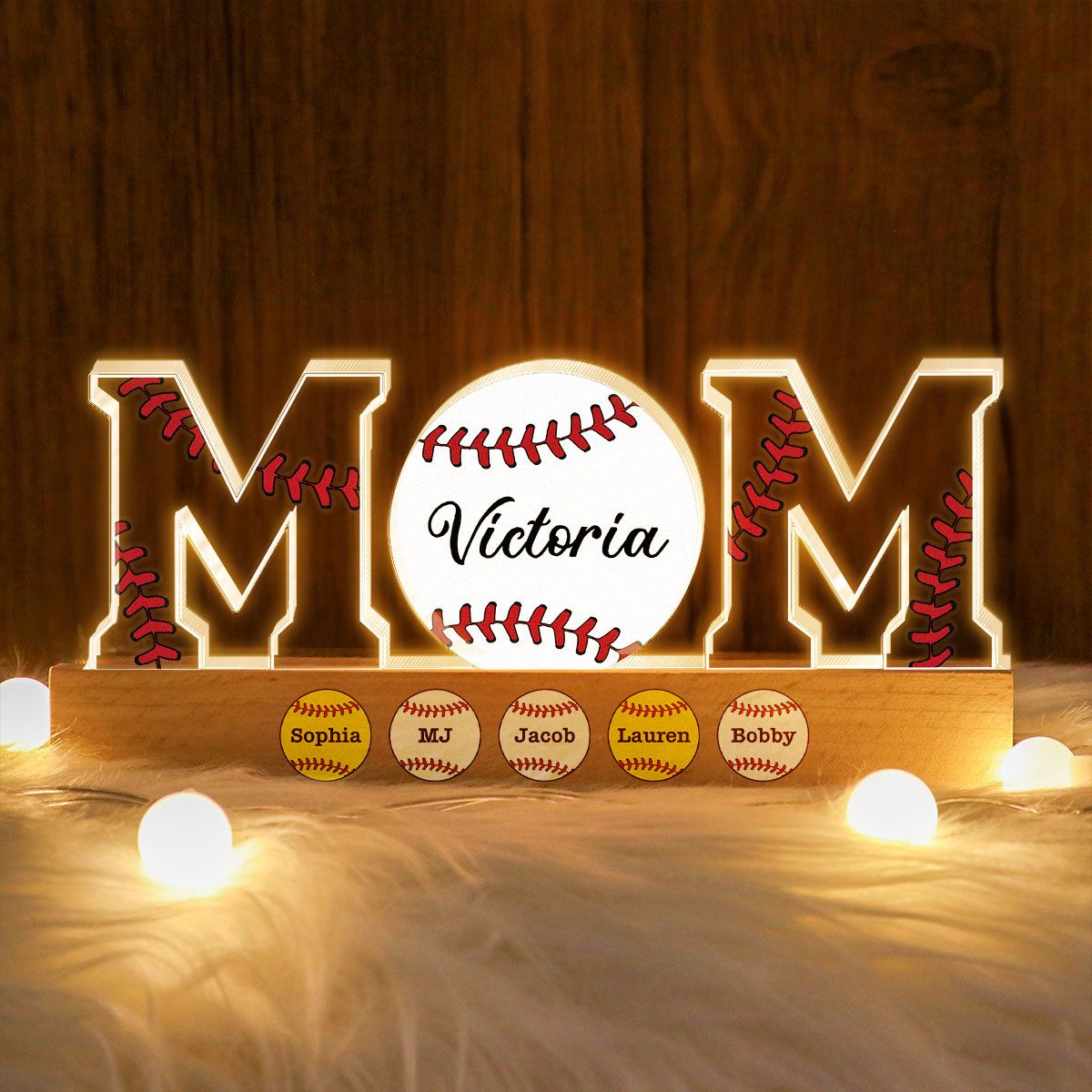 Baseball Softball Mom Kids Names Personalized Acrylic Block LED Night Light