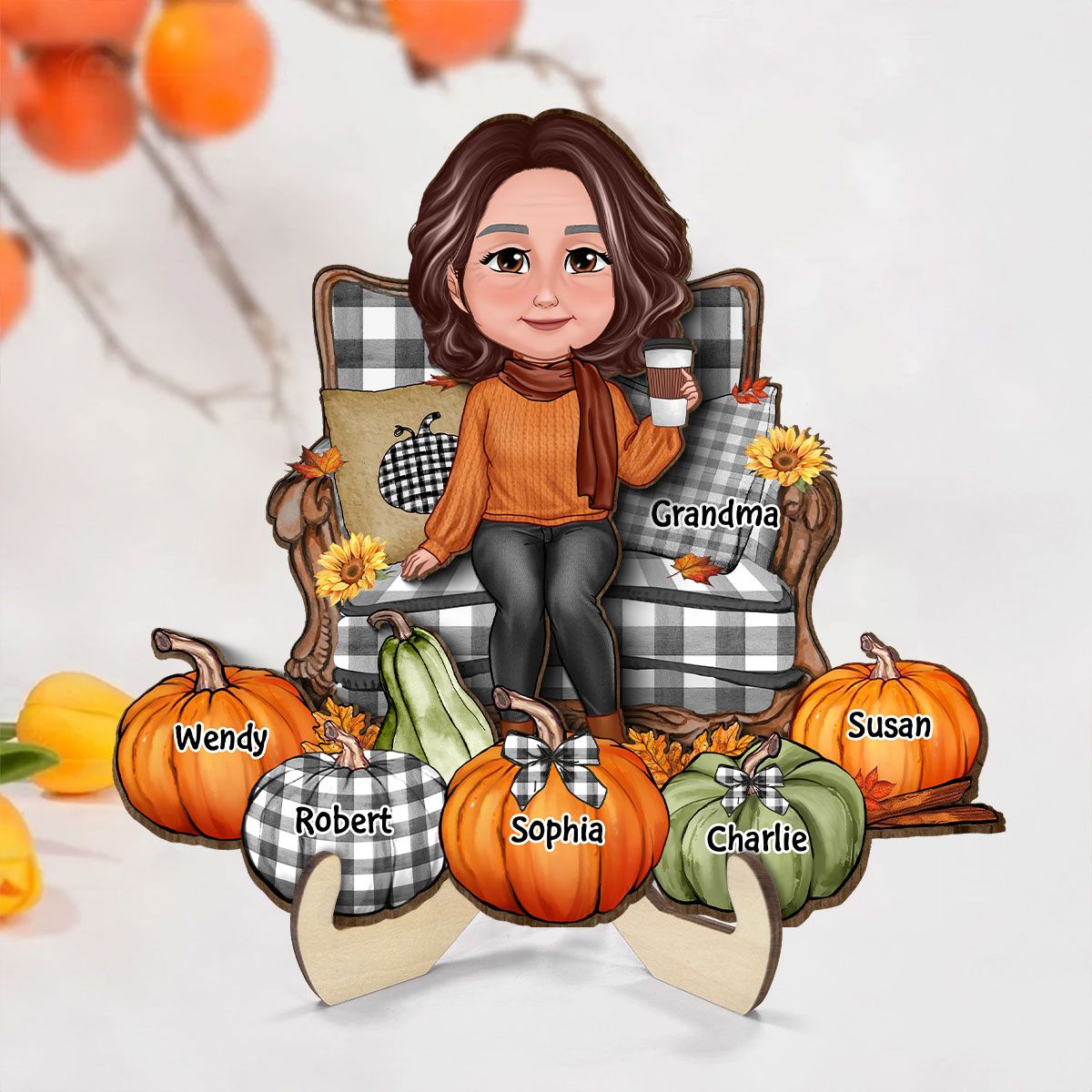 Grandma Sitting On Chair Pumpkins Personalized 2-Layer Wooden Plaque