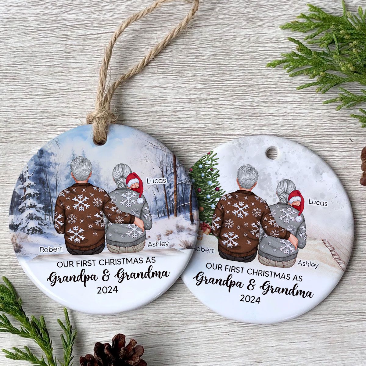 Our First Christmas As Grandma & Grandpa Personalized Circle Ceramic Ornament