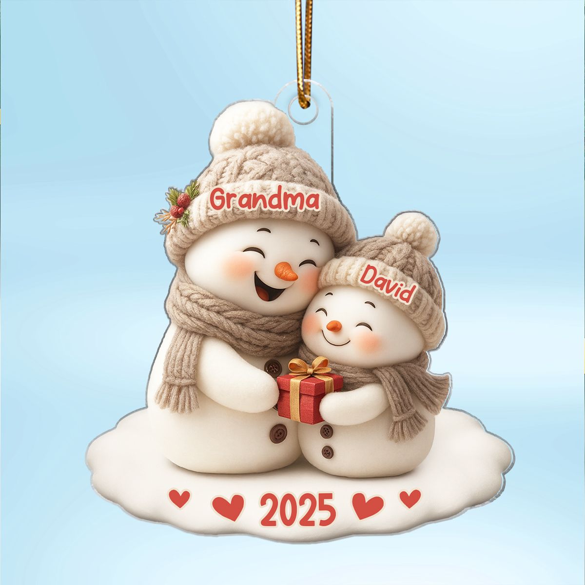 Snowman Grandma Hugging Grandkid Personalized Acrylic Ornament