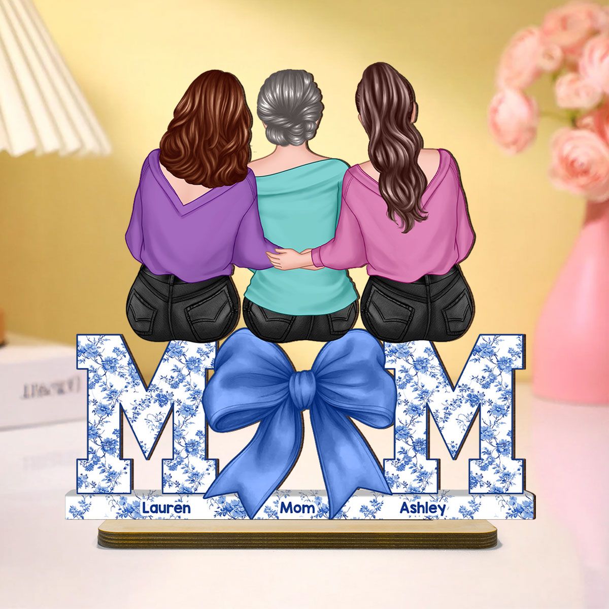 Mother Daughters Blue Floral Chinoiserie Personalized Standing Wooden Plaquer, Mother's Day Gift