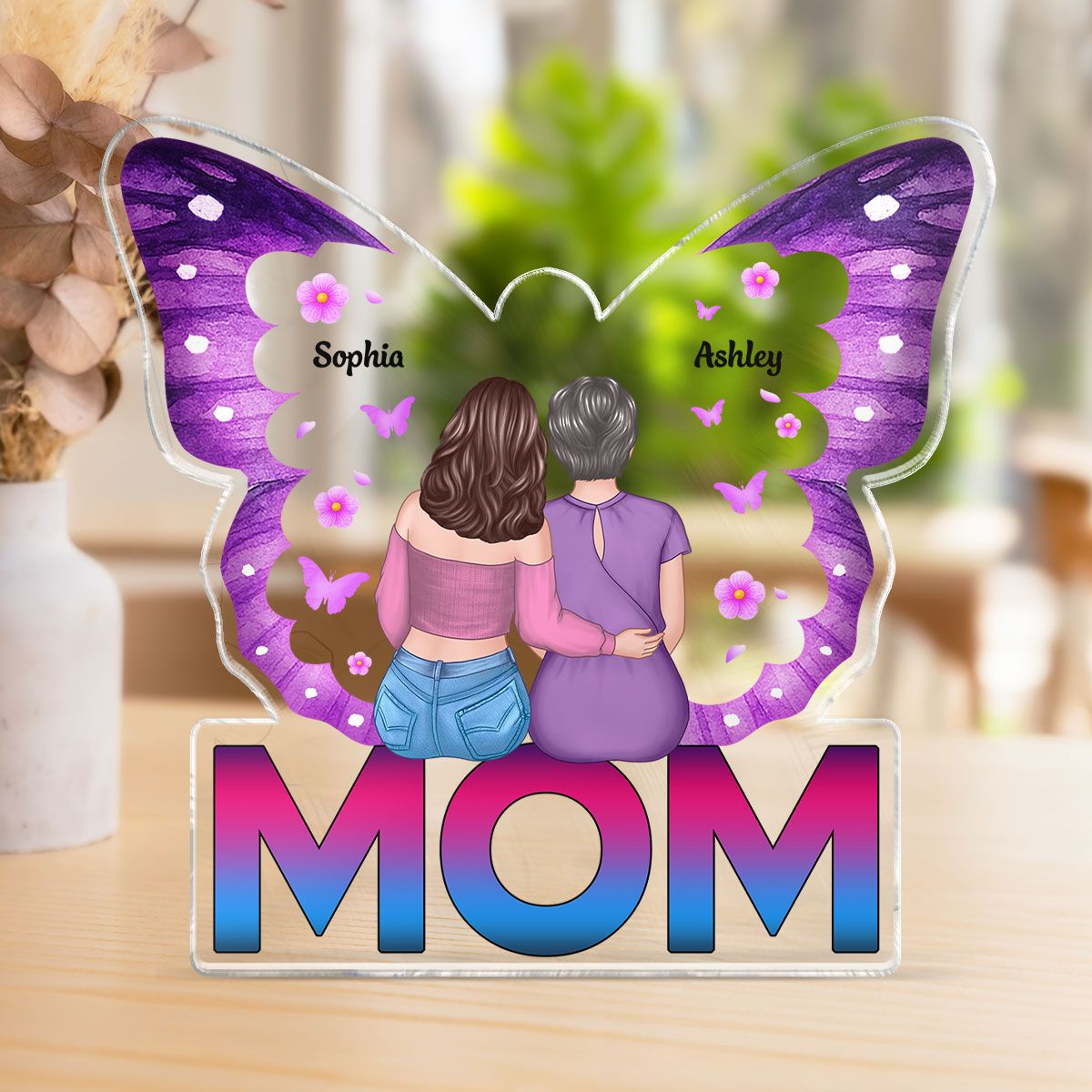 MOM Butterfly Sitting Back View Personalized Acrylic Block, Mother's Day gift