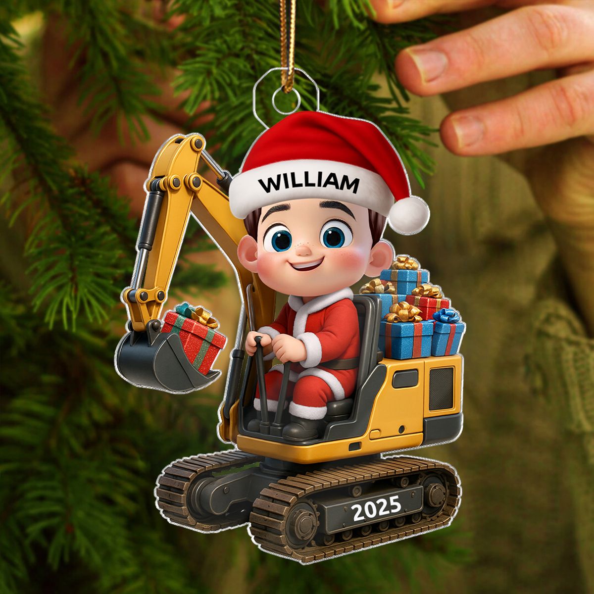 3D Effect Cute Cartoon Kid With Christmas Excavator Personalized Acrylic Ornament, Christmas Gift For Grandkids, Kids