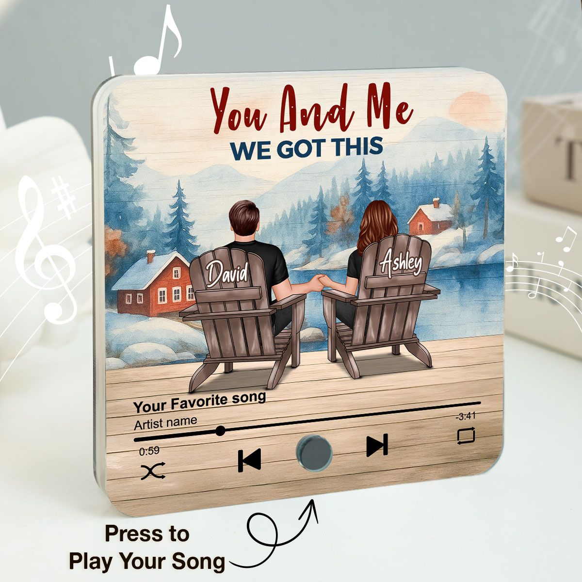 Peaceful Lakeside Forest Scene Couple Sitting Back View Personalized Music Magnet