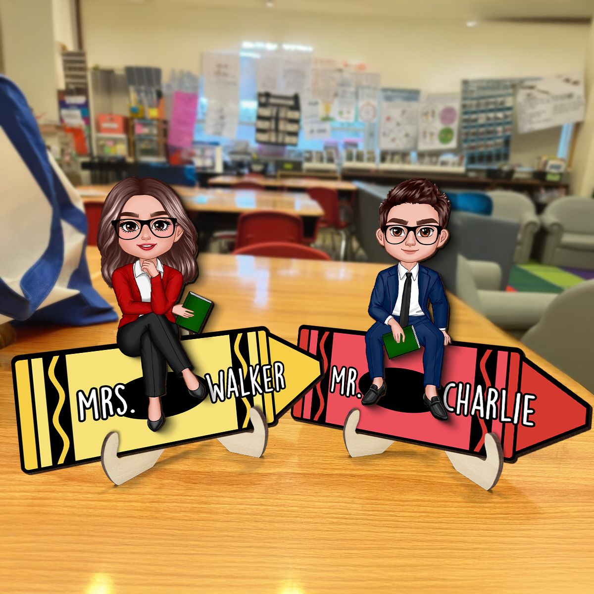 Doll Teacher Sitting On Crayon Personalized 2-Layer Wooden Plaque