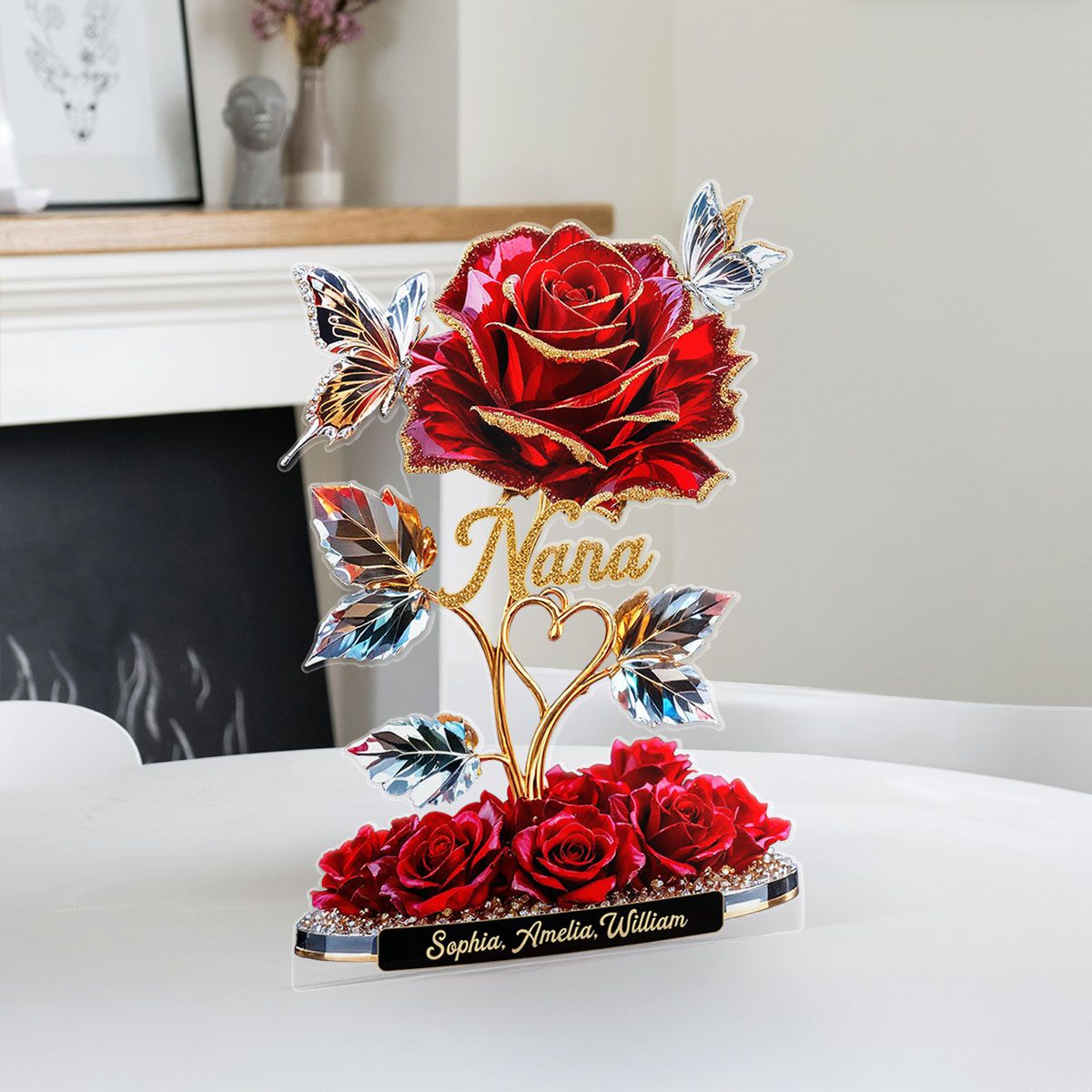 Beautiful Rose For Grandma Mom With Kids Names 3D Effect Personalized Flat Acrylic Block Plaque