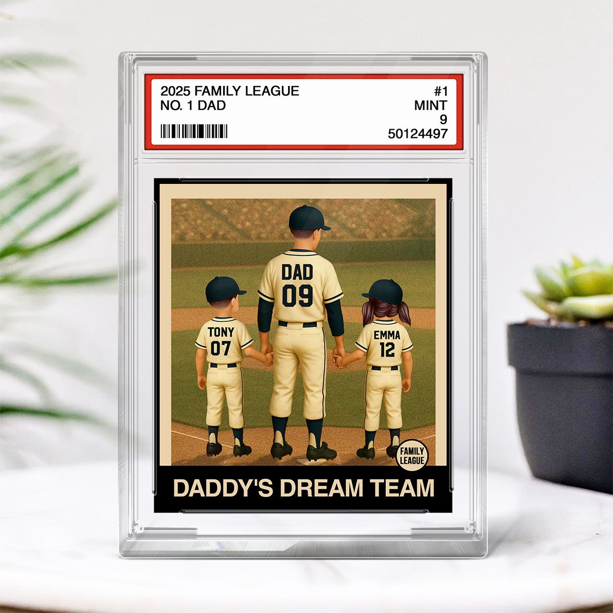 Baseball No. 1 Dad Grandpa Man & Kids Trading Card Style Personalized Acrylic Block Plaque