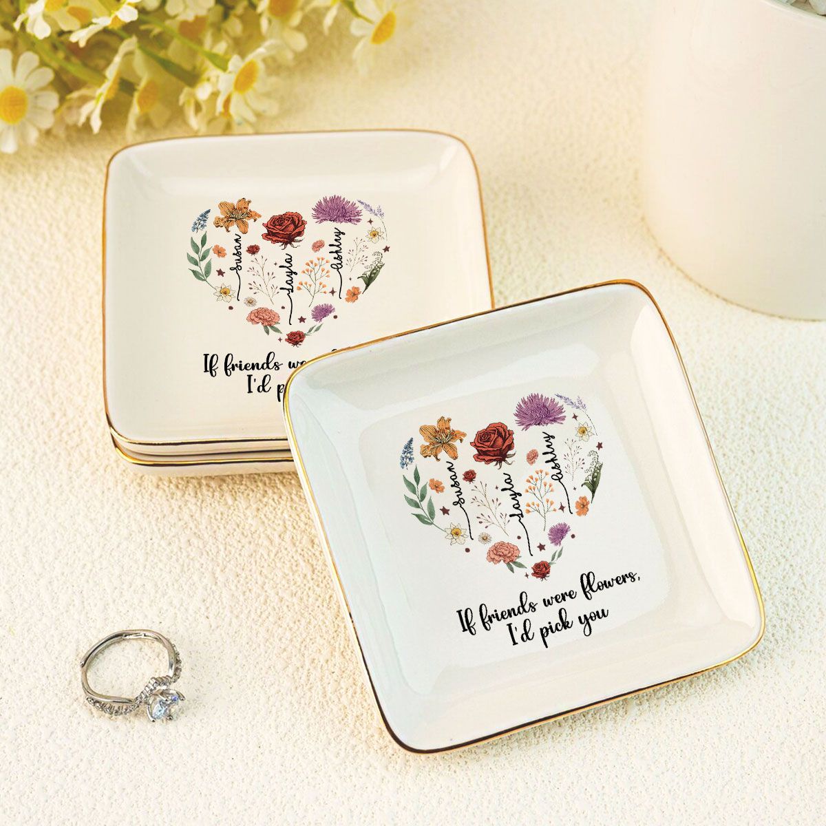 Birth Month Flowers Sisters Besties Friends Heart Personalized Jewelry Dish