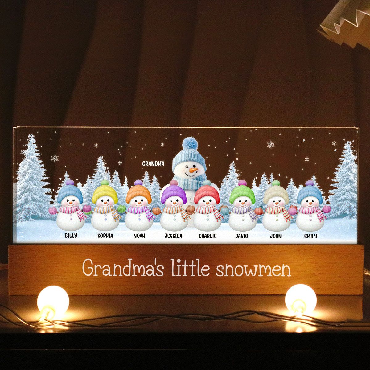 Grandma Grandkids Snowman Personalized Acrylic Block LED Night Light, Christmas Gift for Grandma