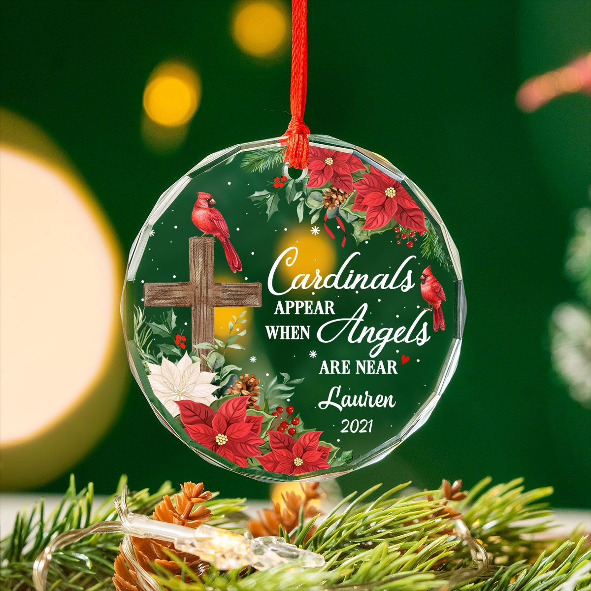 Always With You Cardinal Cross Poinsettia Personalized Glass Ornament, Christmas Gift