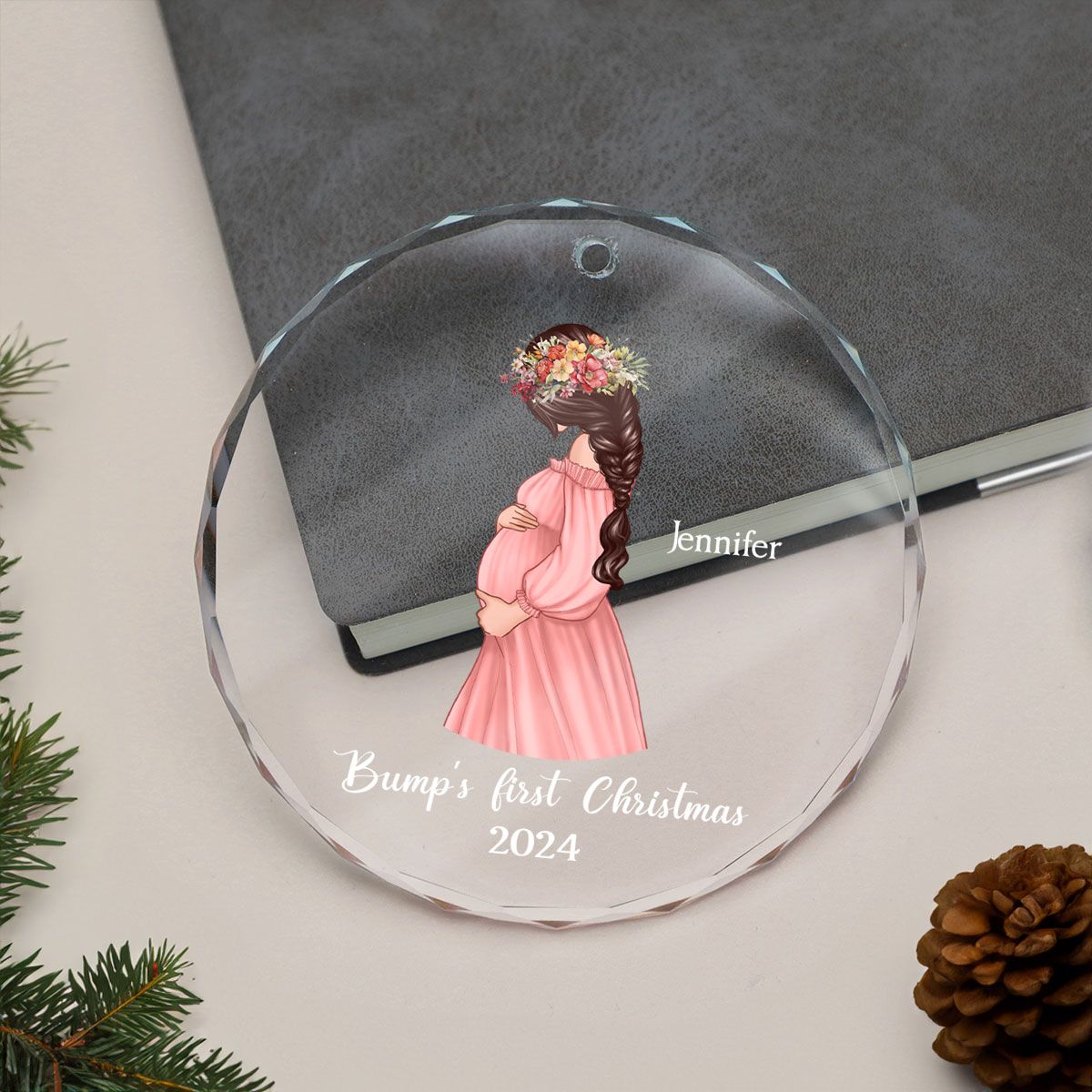 Pregnant Mom Baby Bump's First Christmas, Expecting Mother, Baby Shower, Personalized Glass Ornament