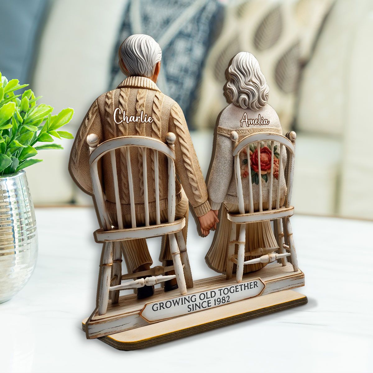 Old Couple Sitting Together Personalized Standing Wooden Plaque, Heartfelt Gift For Couple, For Him, For Her, Husband, Wife
