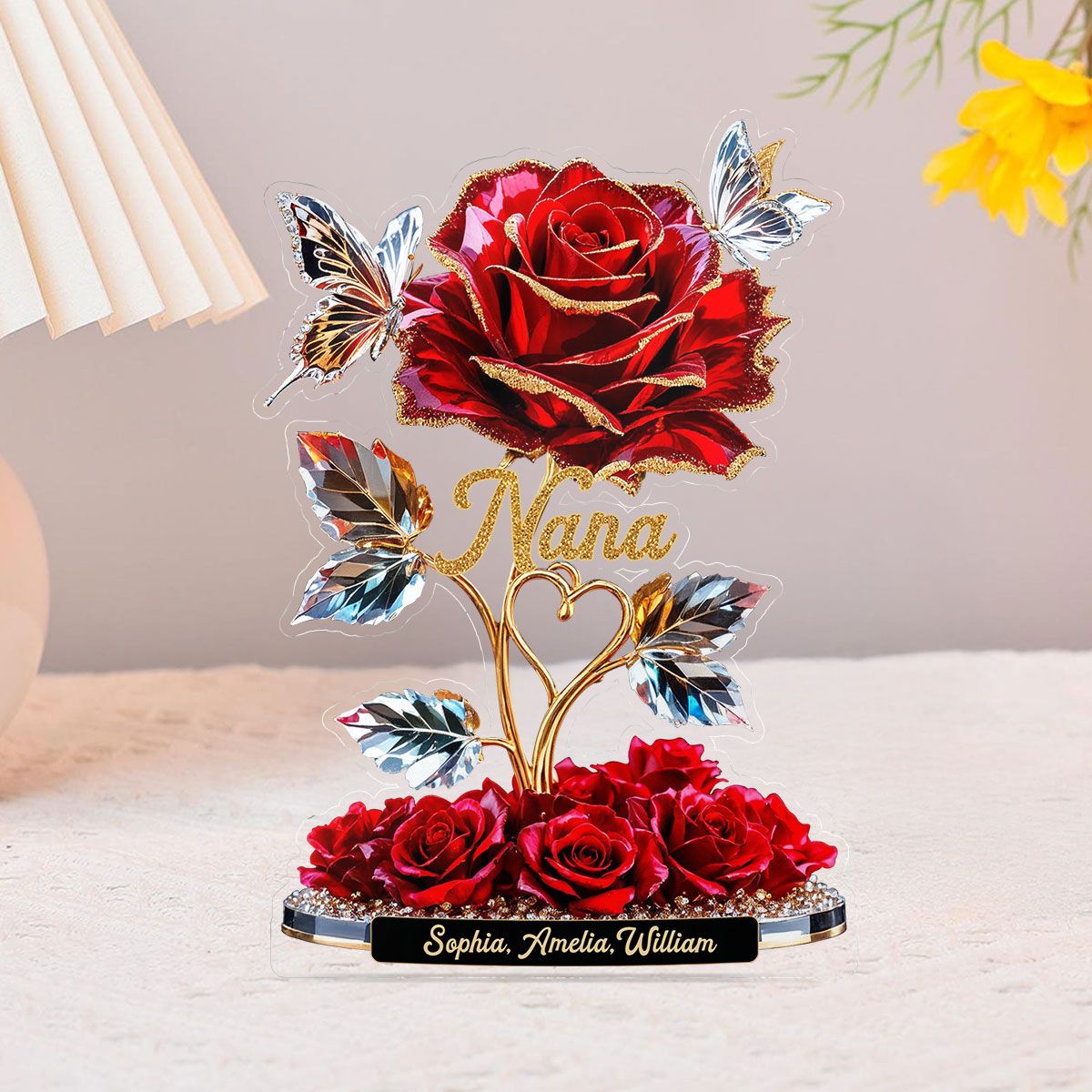 Beautiful Rose For Grandma Mom With Kids Names 3D Effect Personalized Flat Acrylic Block Plaque